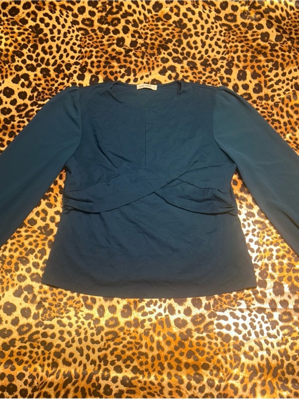 Grace Karin Teal Blue Cross Front Criss Cross Long Sleeve Blouse